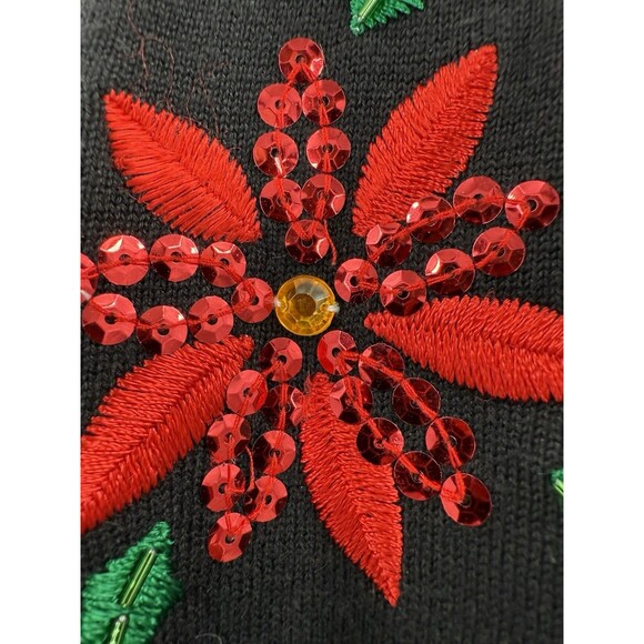 Classic Elements Holiday Poinsettia Cardigan Black Sequin Sweater Petite LARGE - Picture 3 of 14